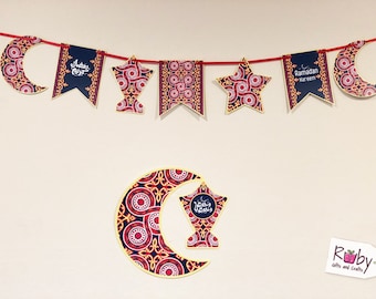 Ramadan Banner with lantern, star, and crescent shapes, 9 pennant, Crescent and lantern wall decoration, Egyptian tent pattern.