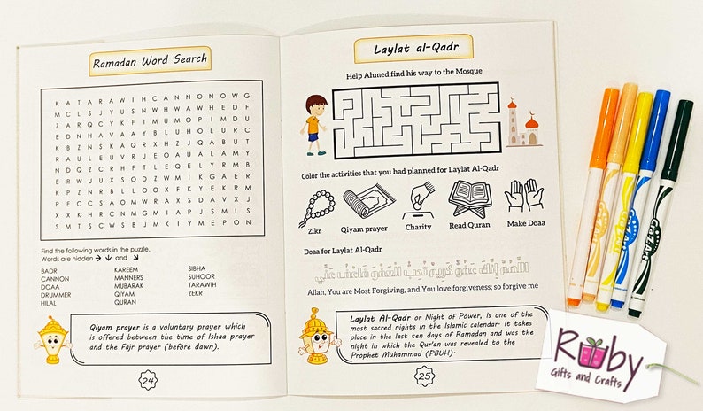 Puede incluir: Un libro de actividades colorido para ni&ntilde;os con una b&uacute;squeda de palabras de Ramad&aacute;n, un laberinto y una secci&oacute;n sobre Laylat al-Qadr, la Noche del Poder. El libro incluye una gu&iacute;a de oraci&oacute;n y una dua para Laylat al-Qadr. El libro est&aacute; ilustrado con dibujos coloridos.