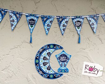 Ramadan Banner with yellow tassels, 12 pennant, Crescent and lantern, Egyptian tent pattern.
