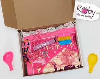 Personalized Eid gift box with Prayer mat, Sebha, Goody bag, Personalized money envelope, Personalized pop it, Drawstring Eid bag