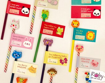 12 Printable Valentine's pencil tags, Valentine animal cards school, Valentine party favors, Animal Birthday favors, Valentine school party,