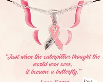 Pink Ribbon charm and Necklace, Breast Cancer Gift, Cancer awareness Necklace, Personalized Cancer Gift.