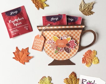 Tea cup Thanksgiving holder, 2 Pumpkin spice tea bags included, Thanksgiving gift, Thanksgiving Tea bag holder. Thanksgiving teacher gift.