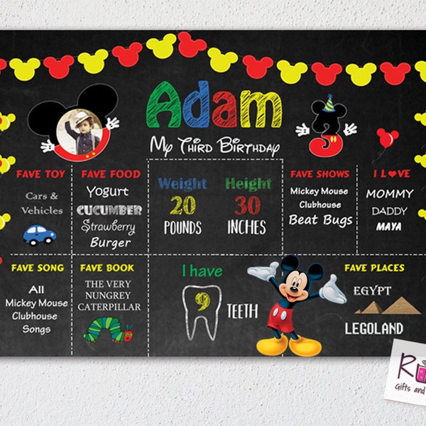 Printable Personalized Mickey Mouse Chalkboard Birthday Backdrop, Mickey Mouse Birthday Poster, Mickey Mouse Clubhouse party with Photo.