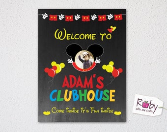 印刷可能なミッキーマウスの誕生日ウェルカムボードモノクロ