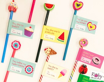 12 Printable Valentine's pencil tags, Valentine cards school, Valentine favors, Birthday favors, Valentine's party, Valentine school party,
