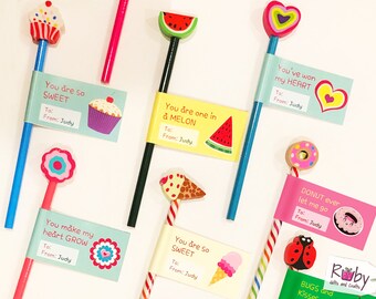 12 Printable Valentine's pencil tags, Valentine cards school, Valentine favors, Birthday favors, Valentine school party (INSTANT DOWNLOAD)