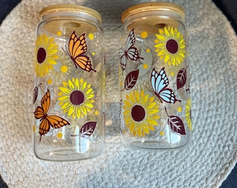 Butterfly Sunflower Glass Can with Lid and Straw