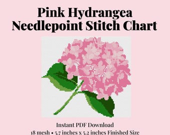 ピンクのアジサイのニードルポイントパターン、PDFステッチチャート、花柄クロスステッチパターン、母の日ギフト、初心者向けニードルポイント、南部風インテリア