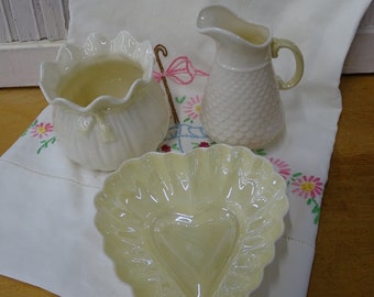 Vintage Belleek Porcelain Set of Three, Vintage Belleek Porcelain Heart Bowl, Ribbon and Bow Sugar Bowl and Scaled Creamer, Vintage Belleek