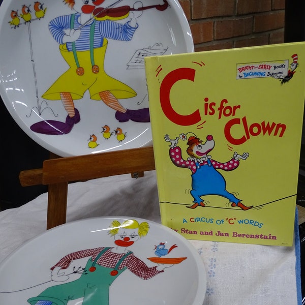 Vintage Clown Set; Colorful Spal Portugal Clown Plates & Berenstain Bear Clown Book, Vintage Bright Colored Painted Clown Plates with Book