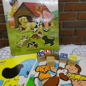 Vintage Kid&#39;s or Teacher Gift Set; Playskool Puppy Puzzles, A Big Golden Book Whatever Happens to Puppies?, Wooden Blocks, Vintage Puppy Set