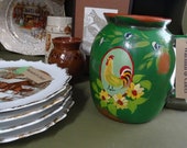 Vintage Hand Painted Rooster Clay Pitcher, Farmhouse Kitchen Hand Painted Vase, Rooster and Flower Pitcher, Decorative Pitcher Vase, Rooster