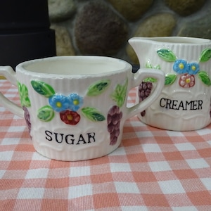 Vintage Embossed Ceramic Cream and Sugar Set: Fruit & Flowers
