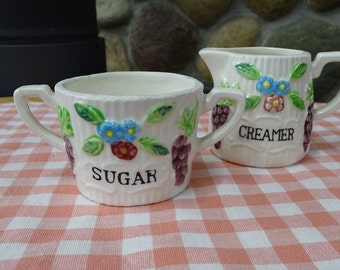 Vintage Embossed Ceramic Cream and Sugar Set: Fruit & Flowers