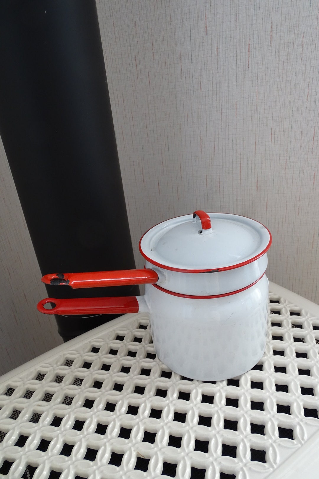 Chippy White Enamel Double Boiler With Red Handles Etsy