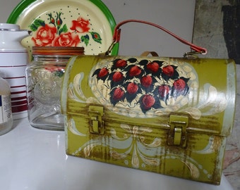 Vintage Thermos Brand Metal Lunch Box with Tole Painted Strawberry Design, Vintage Lunch Box Purse or Decor Piece with Hand Painted Design