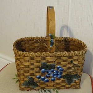 Vintage Blueberry Painted Wicker Basket with Wood Handle, Signed &#39;Emily &#39;90&#39;