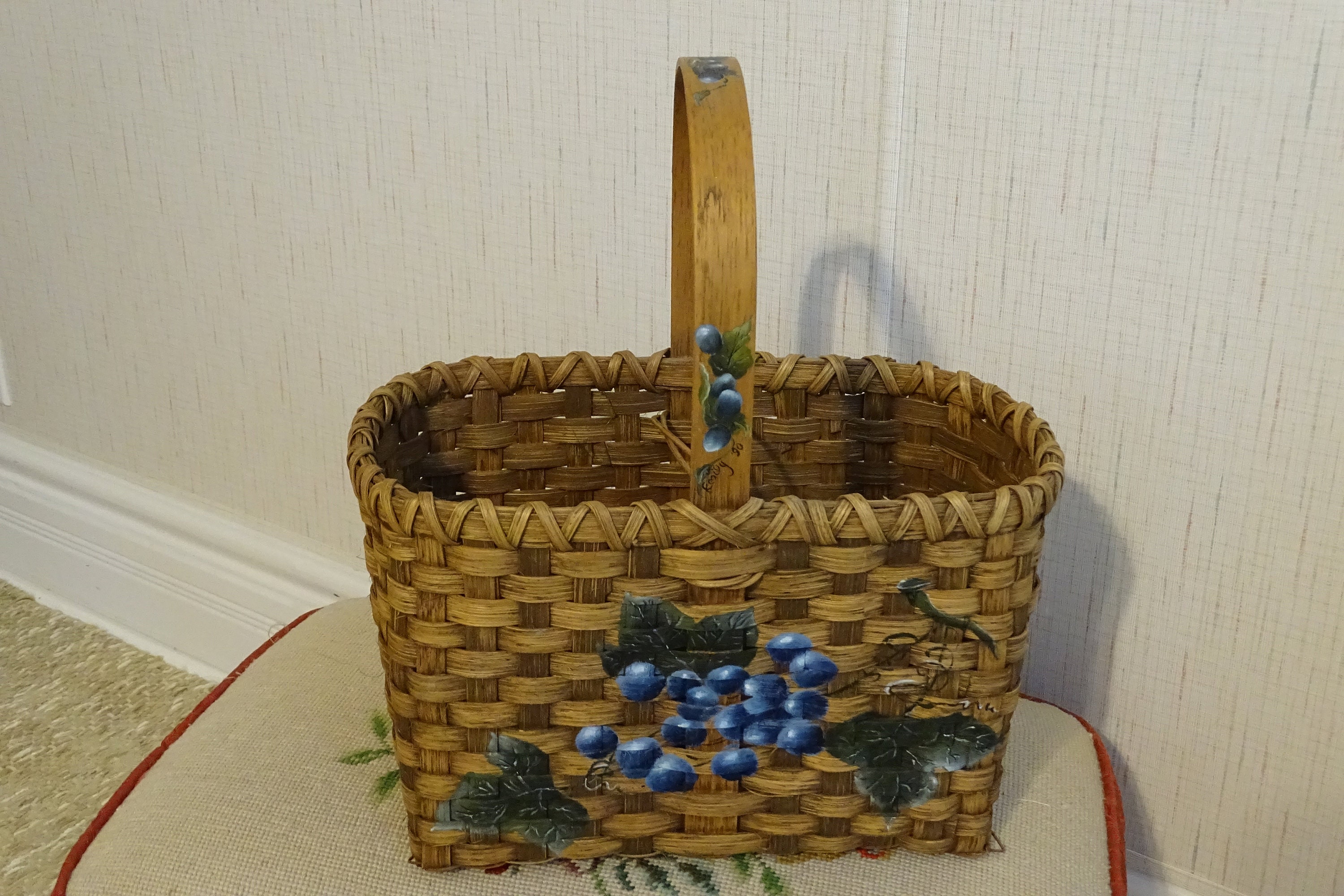 Vintage Blueberry Painted Wicker Basket with Wood Handle, Signed 'Emily '90'