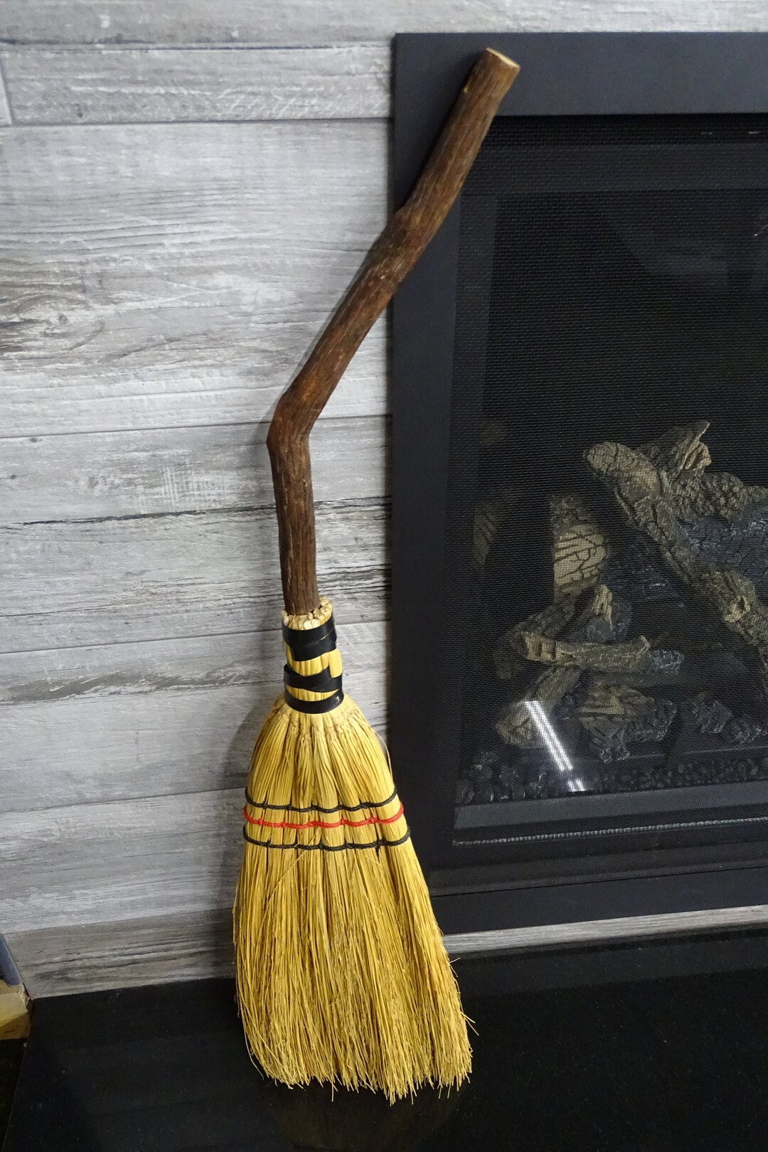 Vintage Bent Faux Wood Handle Broom, Vintage 1970s Straw Hearth Broom