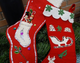 Vintage Handmade Red Felt Christmas Stockings with Cut-Outs, Glitter & Sequin Details, Sold Separately, Retro Red Felt Christmas Stockings