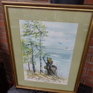 Dipinto ad acquerello con cornice vintage Flavin, alberi di betulla in riva al mare, dipinto ad acquerello con cornice retrò, arte estiva vintage sul lago