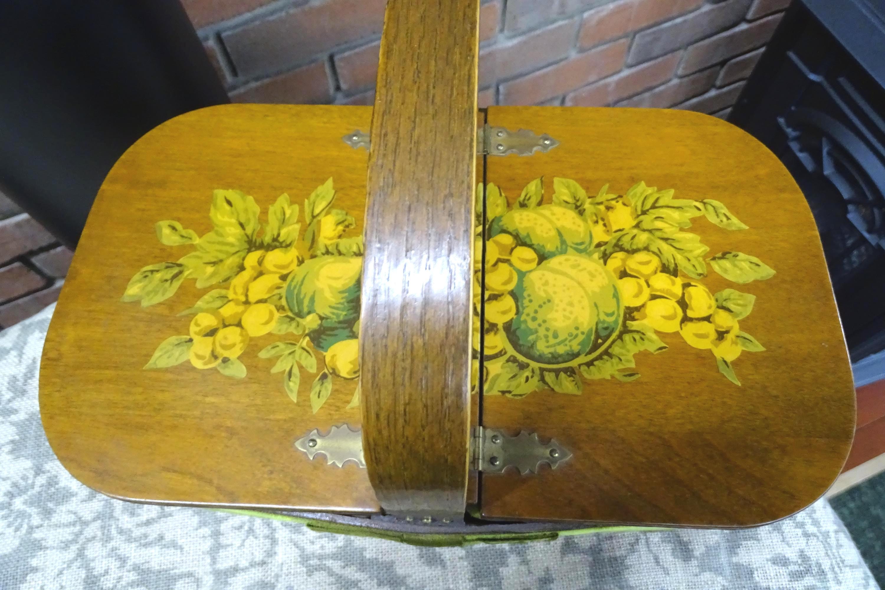 Vintage Decoupage Sewing Basket: Wooden Box Purse with Fruit Decor