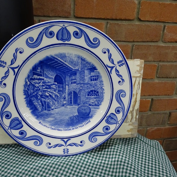 Vintage Scenes Of New Orleans Plate by Crown Ducal England for Coleman E. Adler Jewelers, Blue Delft Like New Orleans Courtyard Collectible