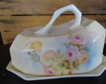 Antique Prussia Beyer and Bock Covered Cheese Dish: Pastel Floral Porcelain