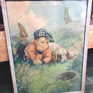 Vintage Hy Hintermeister Lithograph: Boy, Dog & Bunny in Original Frame