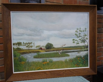 Vintage Framed Oil Painting: &quot;Weary Travelers&quot; Flying Ducks, Signed Anne Holloway