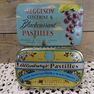 Vintage Allenburys and Meggeson Glycerine and Blackcurrant Metal Tins, Retro Pharmaceutical Advertising, Mid-Century Aqua and Gold Décor,