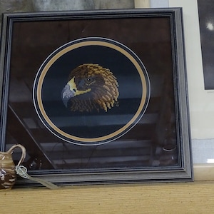 Vintage Cross Stitch Hawk or Golden Eagle Head in Gray Toned Frame, Vintage Raptor Themed Cross Stitch, Retro Framed Bird Cross Stitch