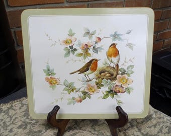 Salvamanteles vintage con forma de nido de petirrojo / Ilustración botánica. Tablero trasero de melamina y corcho.