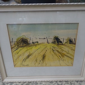 Vintage Framed Watercolor Haystacks Painting by Canadian Artist Frederick Nicholas