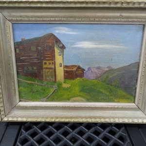 Vintage Rustic Building Oil Painting: Mid-Century Framed Landscape Art