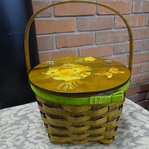 Koszyk do szycia Vintage Vintage Wood Decoupage, torebka, pudełko do przechowywania narzędzi do szycia, ręcznie robiony koszyk do szycia Decoupage, przechowywanie rzemiosła, kosz piknikowy