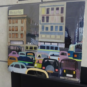 Collage vintage de papel cortado a mano: Arte del tráfico urbano de Hettel (13x14)