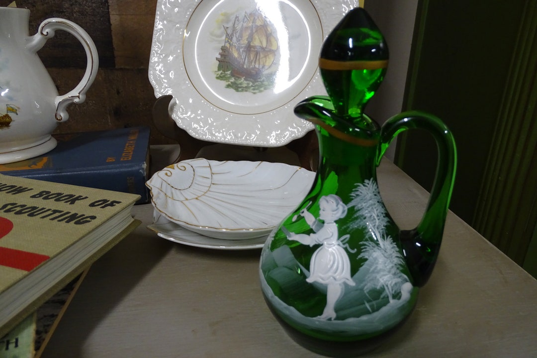 Vintage Reproduction Mary Gregory Hand Painted Green Glass Cruet With