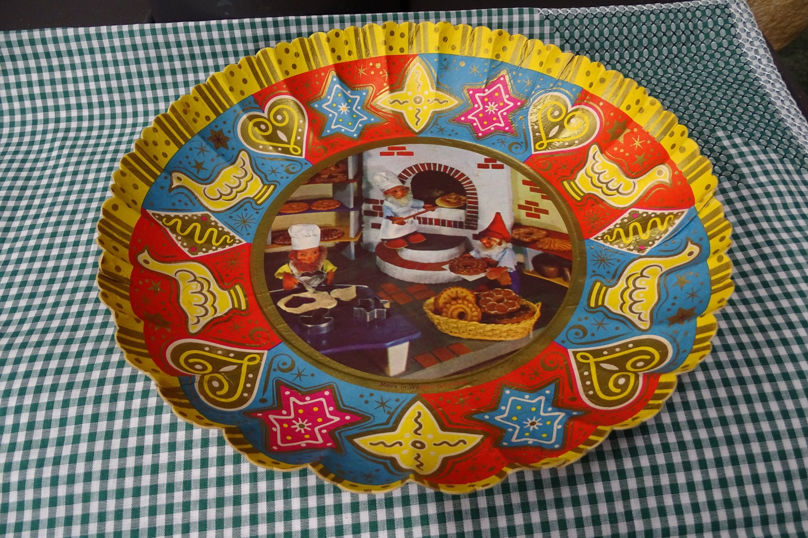 West German Paper Christmas Platter with Elves in Bakery, Vintage Paper Cookie Tray with Santa's Elves in a Bakery, Fairy Tale Cookie Plate