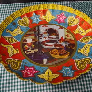 West German Paper Christmas Platter with Elves in Bakery, Vintage Paper Cookie Tray with Santa's Elves in a Bakery, Fairy Tale Cookie Plate