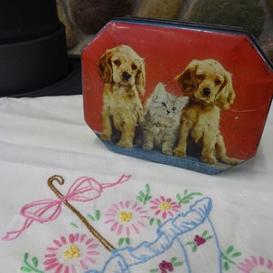 Vintage Harry Vincent Blue Bird Toffee Tin with Puppies & Kitty, Vintage English Toffee Tin Octagon Shape with Cute Baby Animals/ Blue Sides