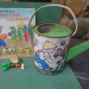Vintage Children&#39;s Gardening Gift Set: 1950s Book, Ohio Art Watering Can, LEGO® Garden