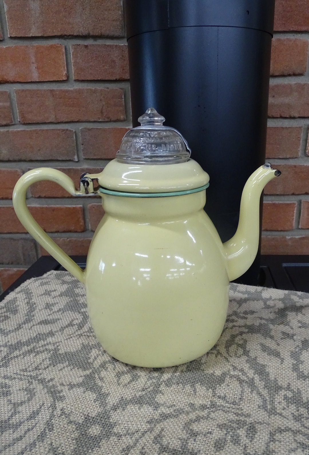 Vintage Cardella Mfg. Yellow Enamelware Coffee Pot With Enamel Strainer