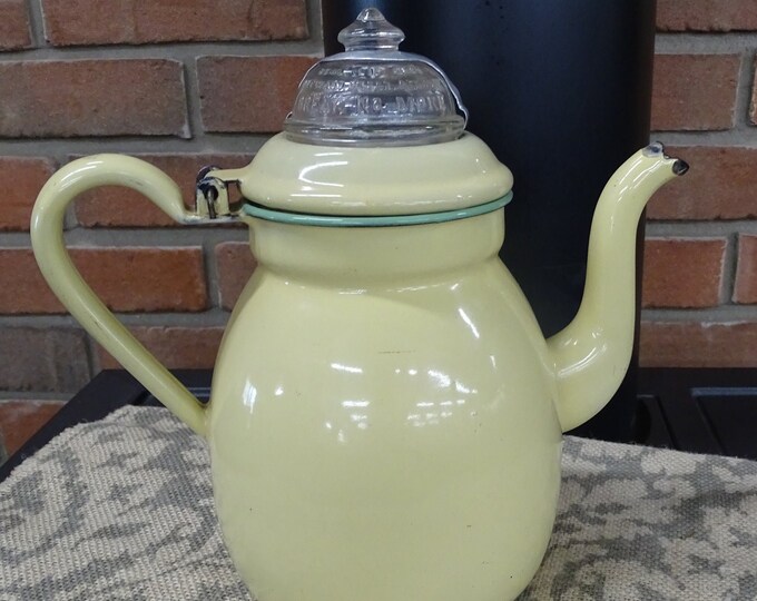 Vintage Cardella Mfg. Yellow Enamelware Coffee Pot With Enamel Strainer