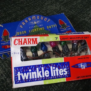 Two Boxes of Mid-Century Indoor Christmas Tree Light Strings; Paramount Straitline 7 Blubs, Charm twinkle lites 7 Bulbs, Retro, Multi Color