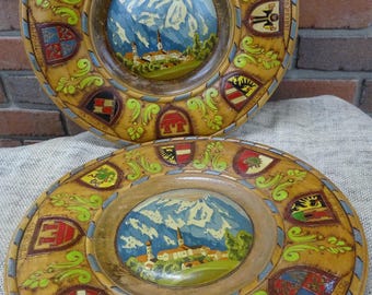 Vintage Folk Art Painted Wood German Cities Plate, Vintage Wood Plate with Tyrolean Designs Tole Painting, Retro German Painted Wood Plates