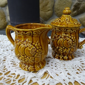 Vintage NSP Royal Embassy Japan Ceramic Cream and Sugar Set, Embossed Fruit in Glossy Brown Color, Retro Japan Ceramic Creamer & Sugar Set