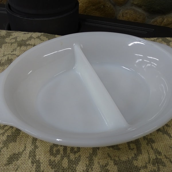 Fire King #468 White Divided Serving Bowl, Vintage 1960s White Fire King Serving Bowl,  Mid-Century Divided and Handled White Fire King Bowl