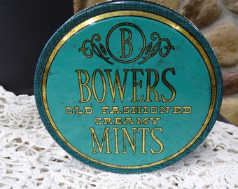 Vintage Bowers Old Fashioned Creamy Mints Tin, Vintage Teal/Gold Candy Tin, Vintage Creamy Mints Candy Tin Art Deco Styling Gold Lettering